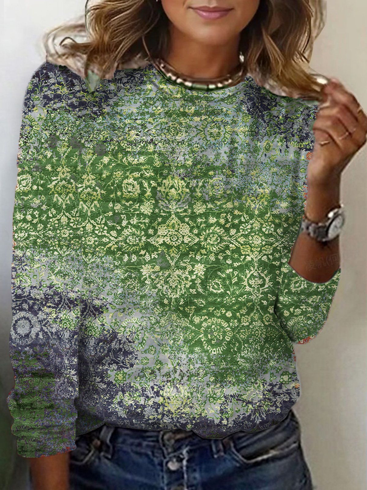 Ethnic Print Long Sleeve Crew Neck T-shirt