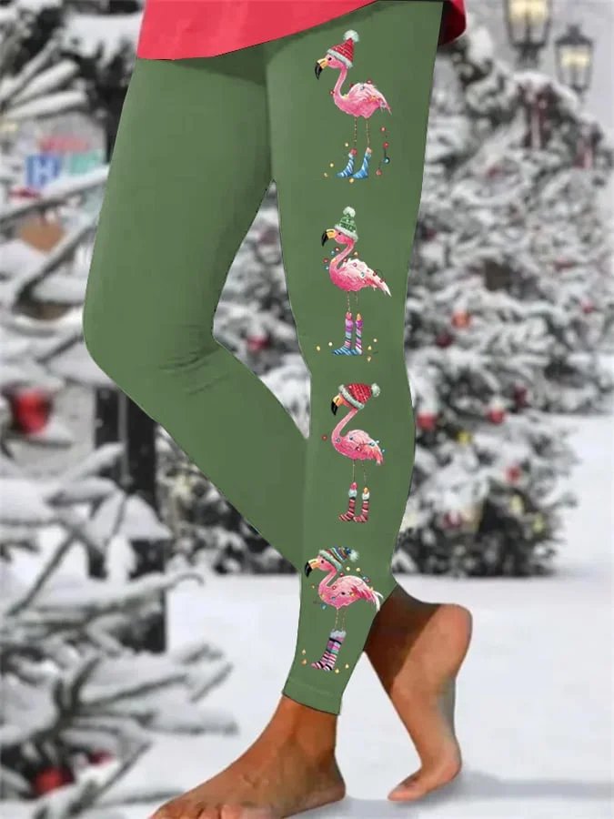 Women's Christmas Flamingo Print Skinny High Stretch Leggings