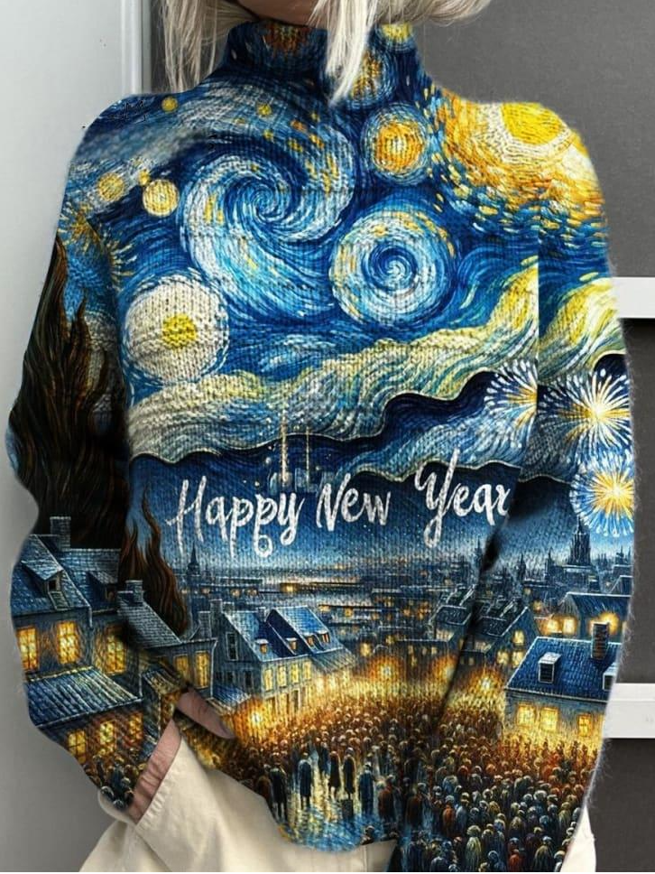 Happy New Year Art Print Knit Turtleneck Pullover Sweatshirt