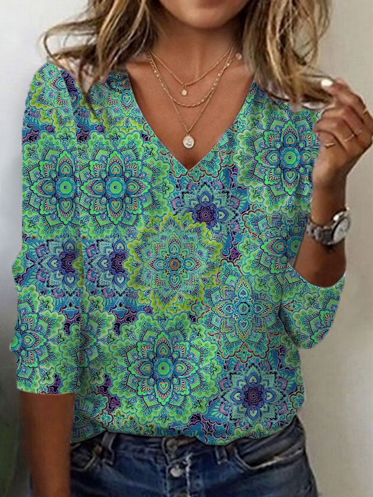 Ethnic Print Long Sleeve V-Neck T-shirt