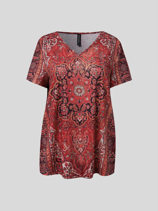 Ethnic Print Short-Sleeved V-Neck T-shirt