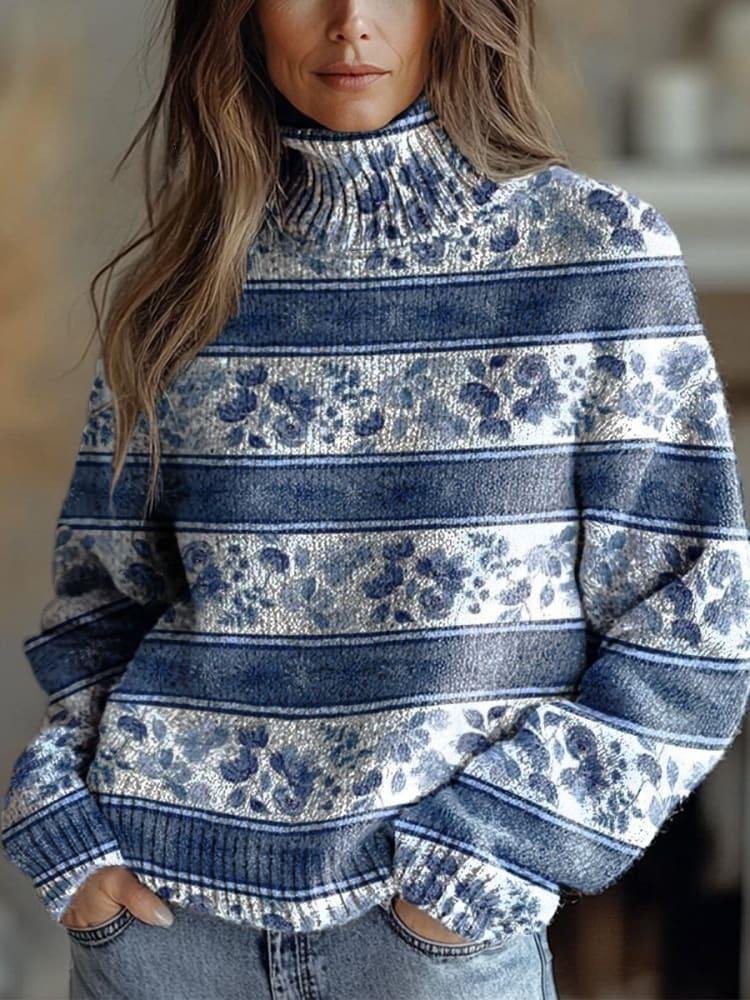 Blue Horizontal Striped Florals Print Knit Turtleneck Pullover Sweater