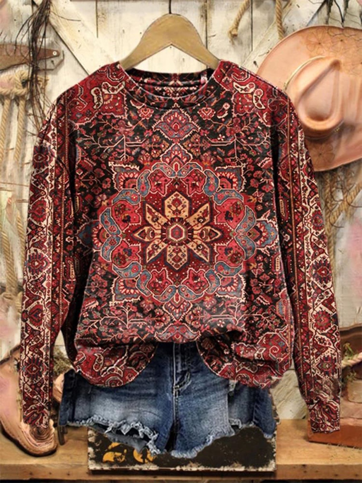 Ethnic Print Crew Neck Sweatshirt