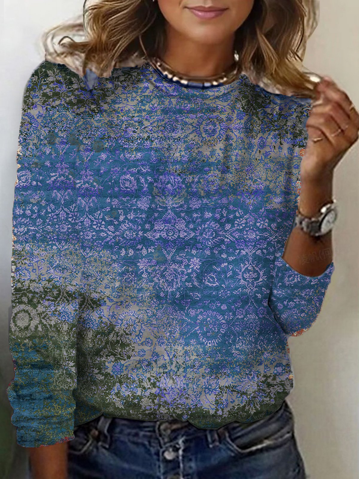 Ethnic Print Long Sleeve Crew Neck T-shirt