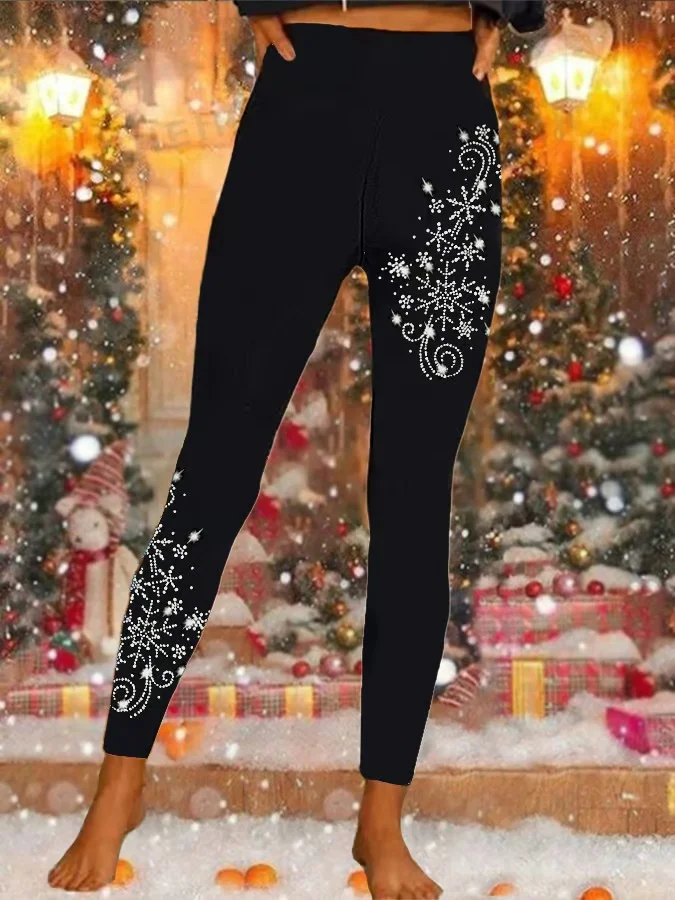 Women's Shiny Christmas Snowflake Print Casual Leggings