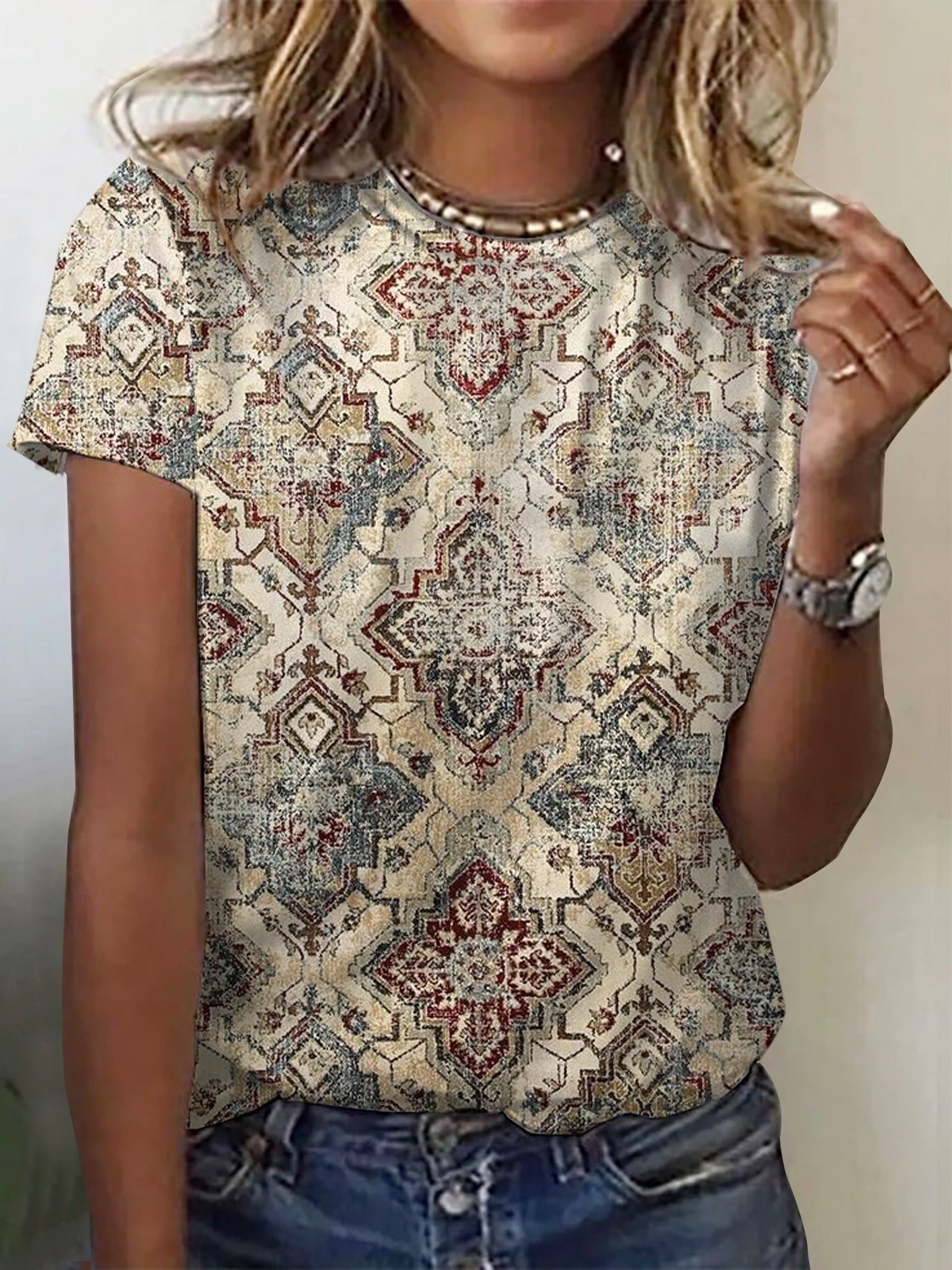 Ethnic Print Short Sleeve V-Neck T-shirt