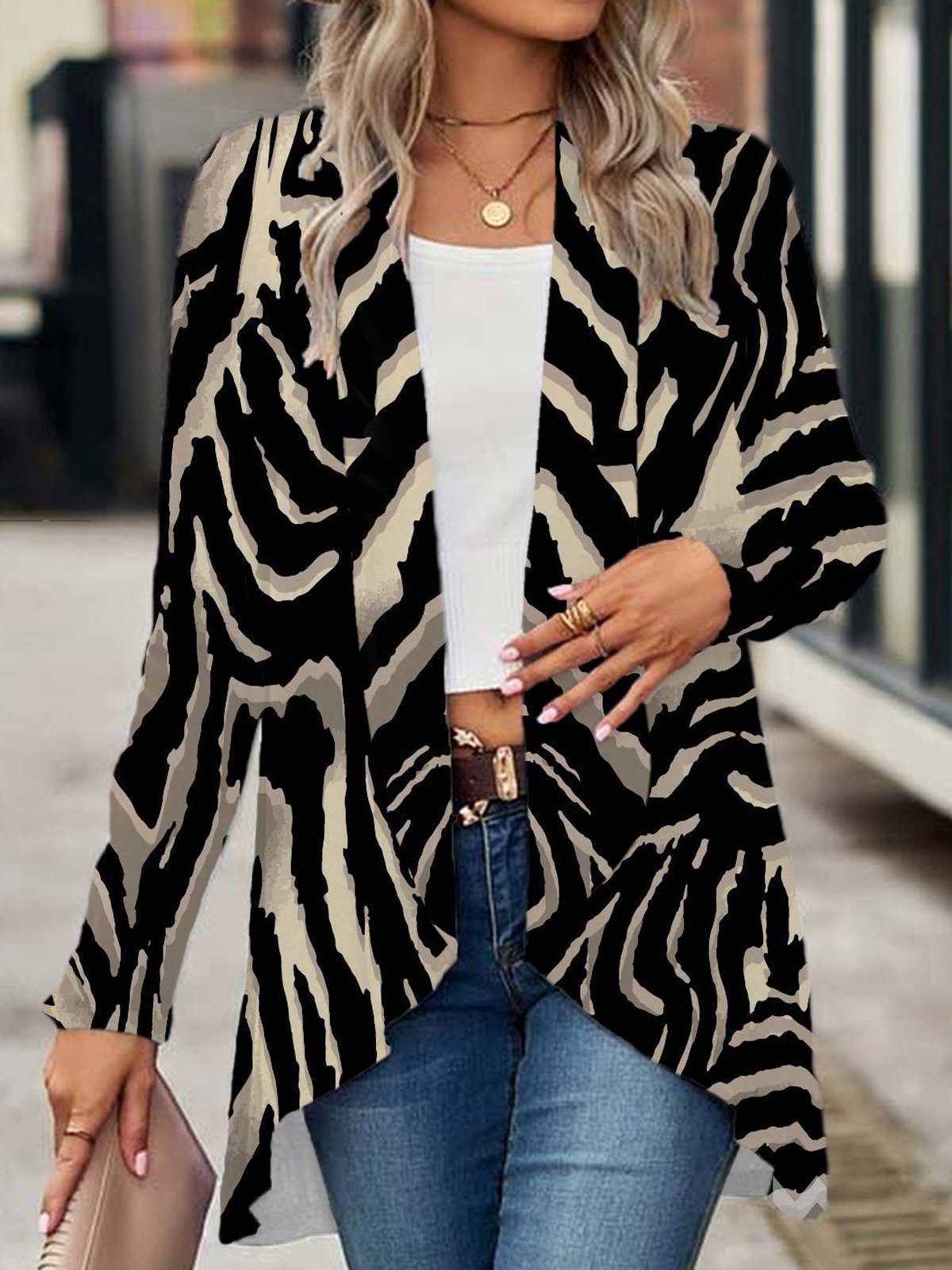 Zebra Print Long Sleeve Shawl Jacket