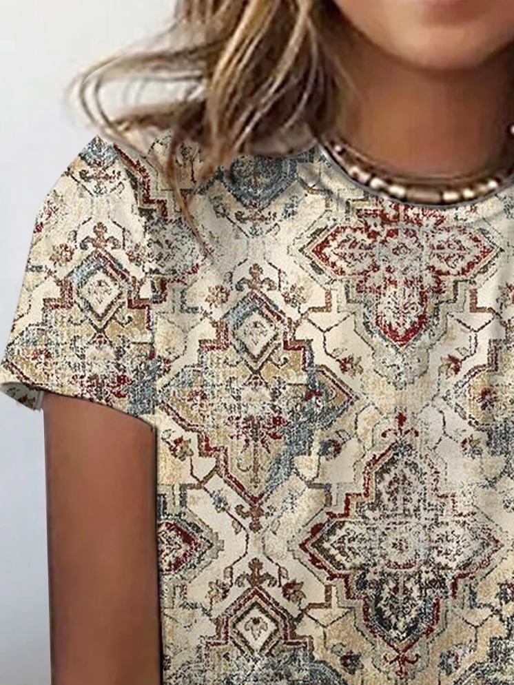 Ethnic Print Short Sleeve V-Neck T-shirt