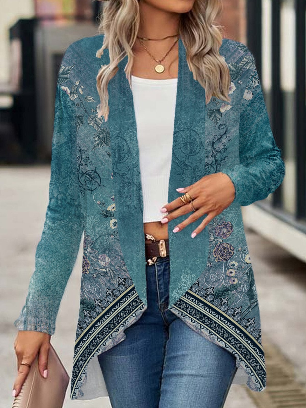 Ethnic Print Long Sleeve Shawl Jacket