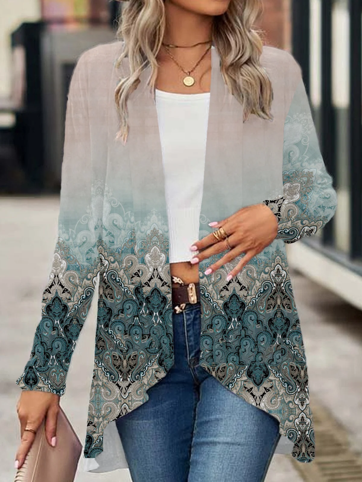 Ethnic Print Long Sleeve Shawl Jacket