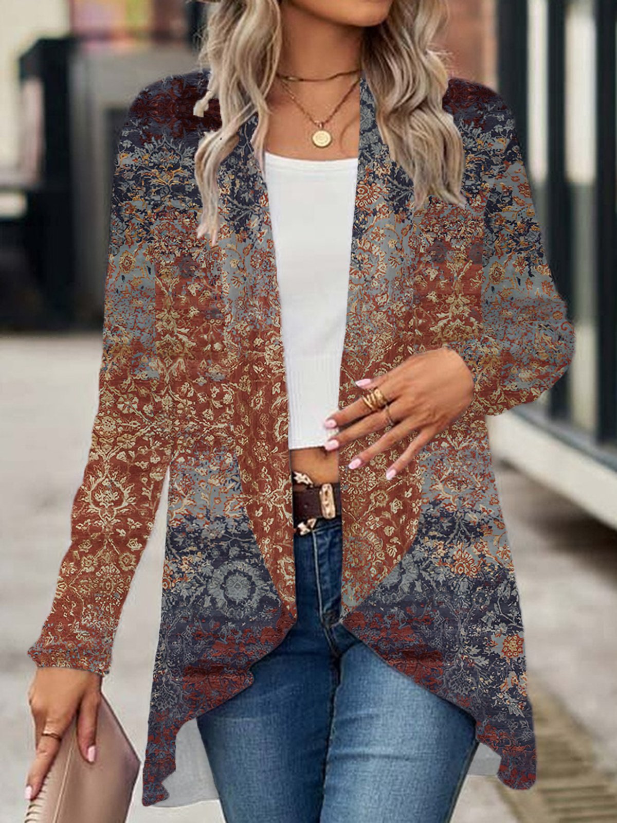 Ethnic Print Long Sleeve Shawl Jacket