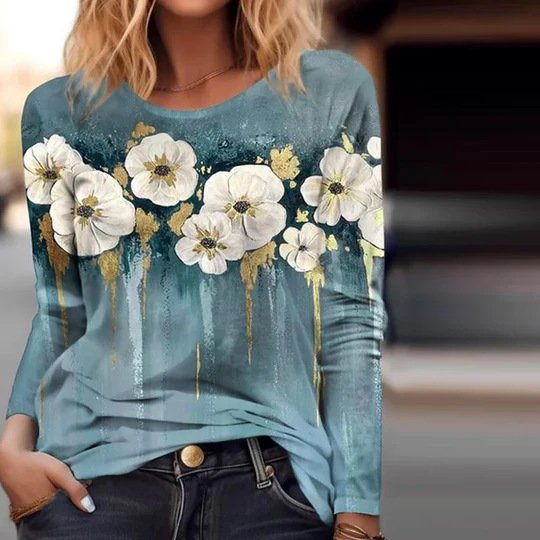 Crew Neck Jersey Floral Casual T-Shirt