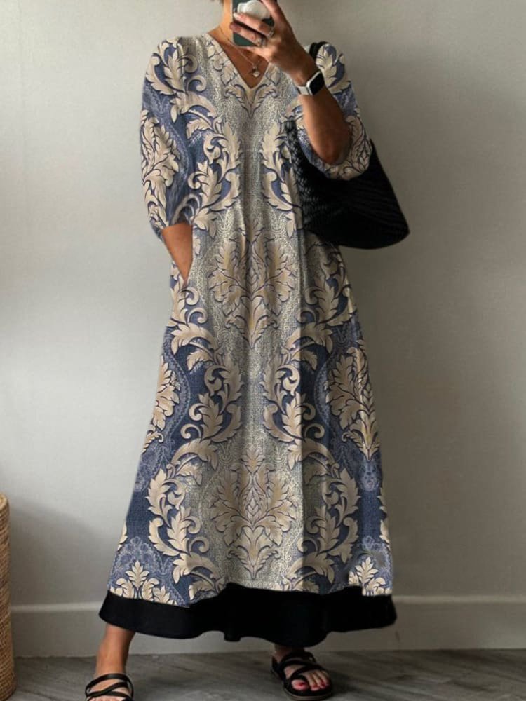 Ethnic Print Long Sleeve V-neck Dress