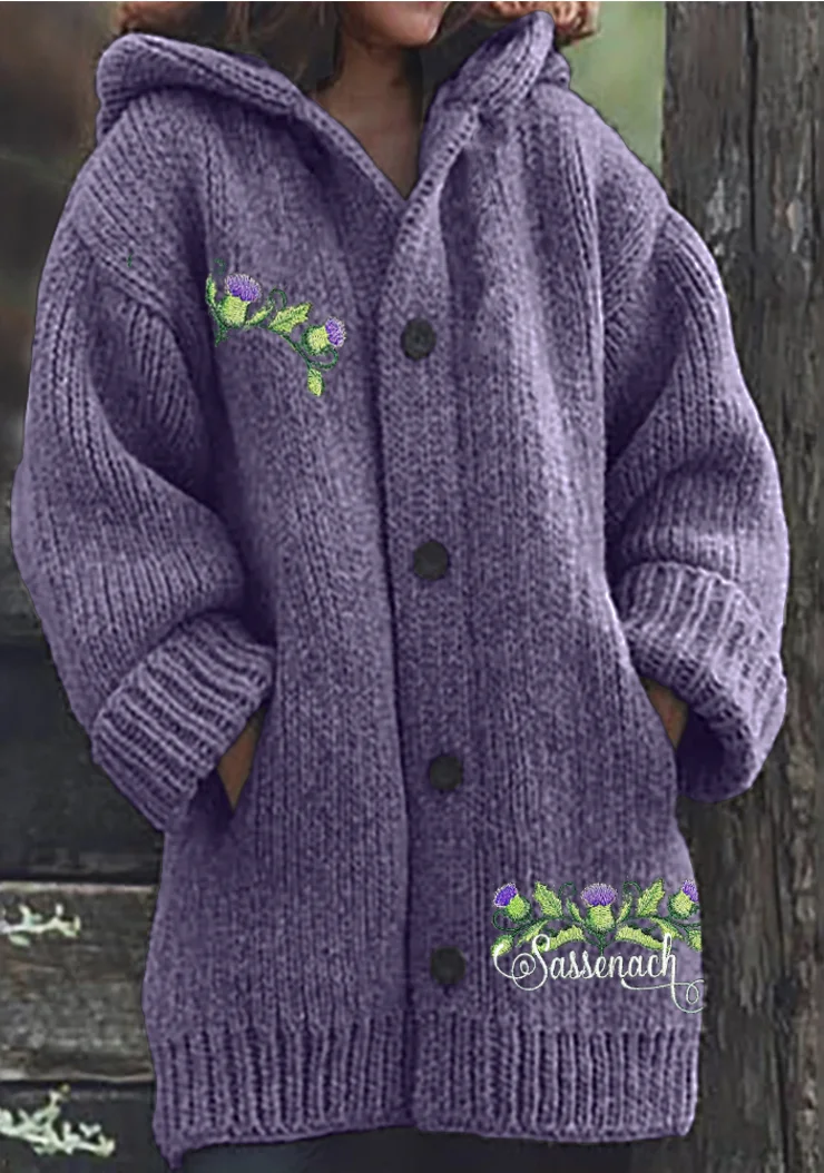 Sassenach Tv Show Thistle Embroidered Cozy Hooded Cardigan