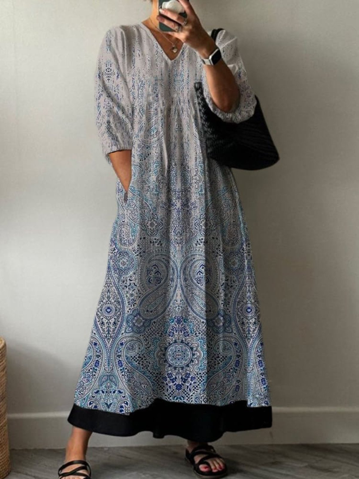 Ethnic Print Long Sleeve V-neck Dress