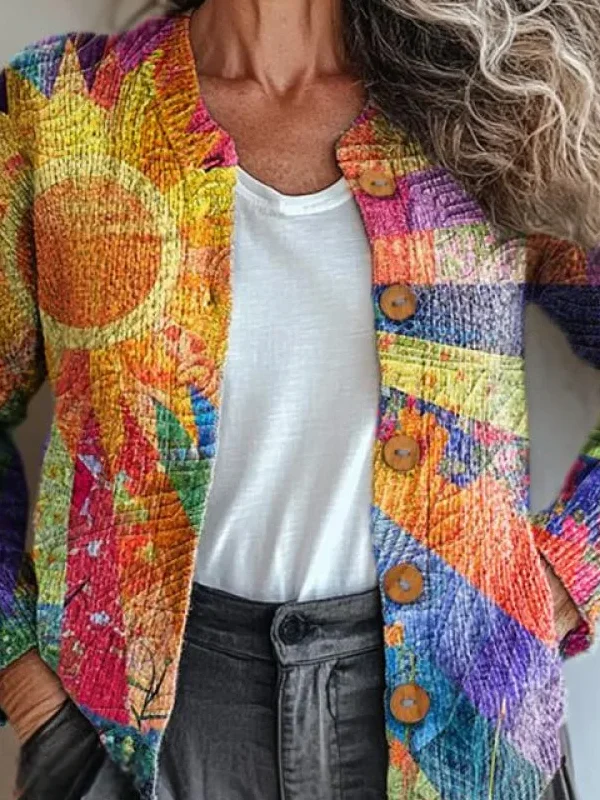 Multicolor Block Crew Neck Knitted Casual Cardigan