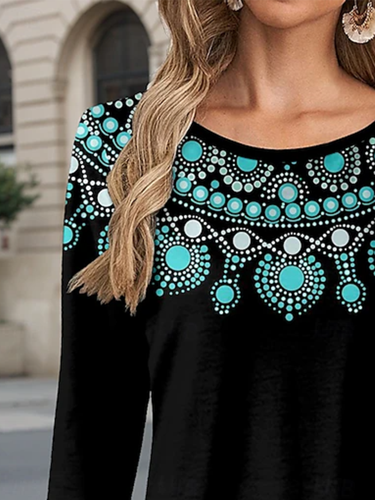 Ethnic Print Long Sleeve Crew Neck T-shirt