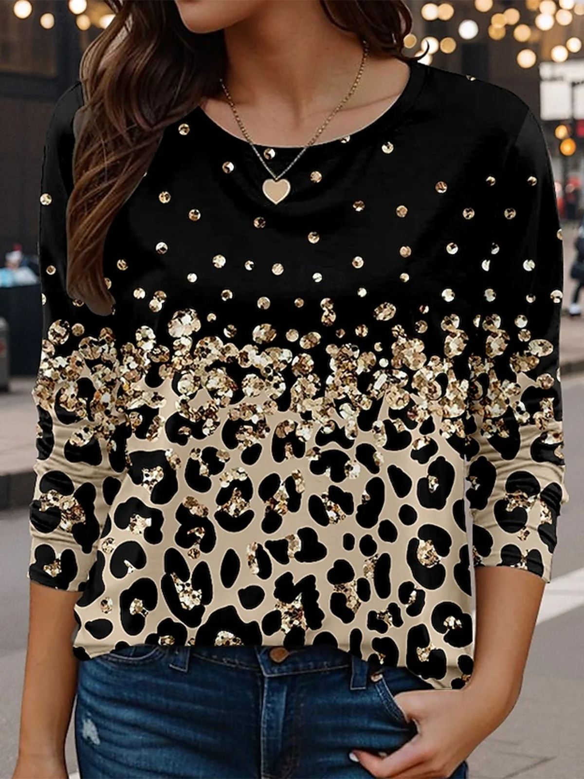 Leopard Print Long Sleeve Crew Neck T-shirt