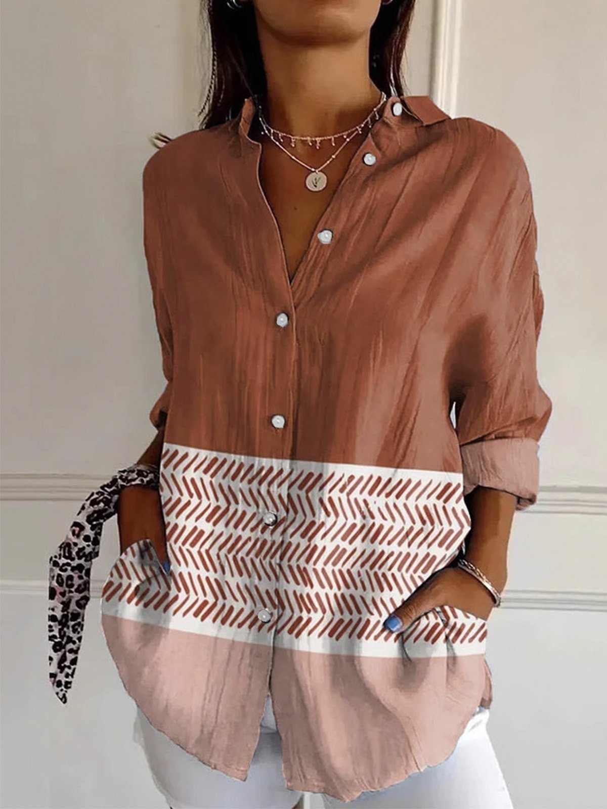 Shirt Collar Geometric Casual Loose Shirt