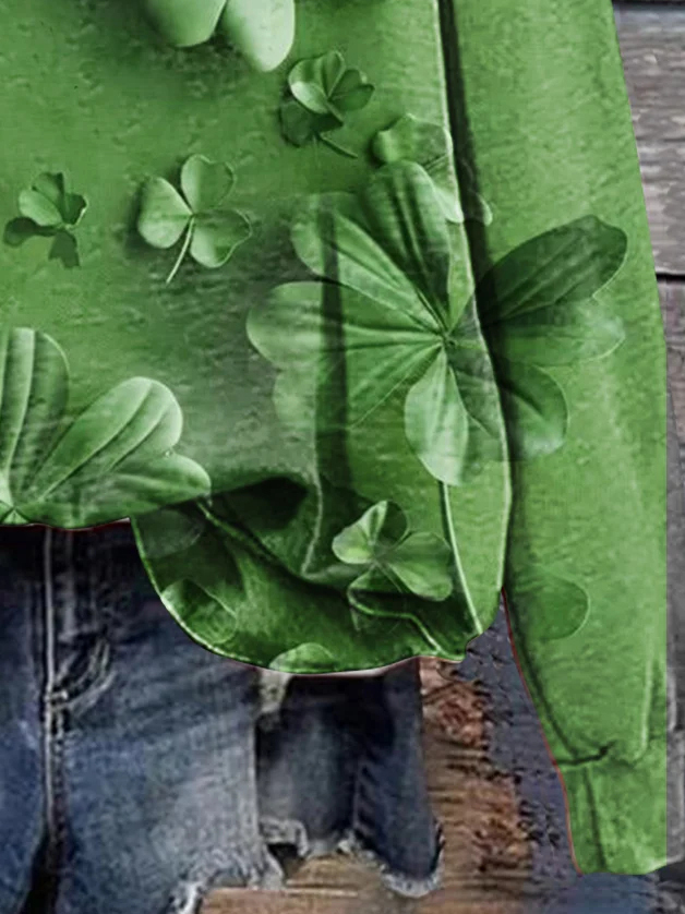 Four Leaf Clover Print Long Sleeve Crew Neck Sweatshirt