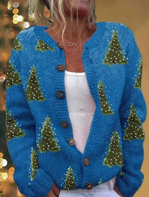 Crew Neck Casual Christmas Cardigan