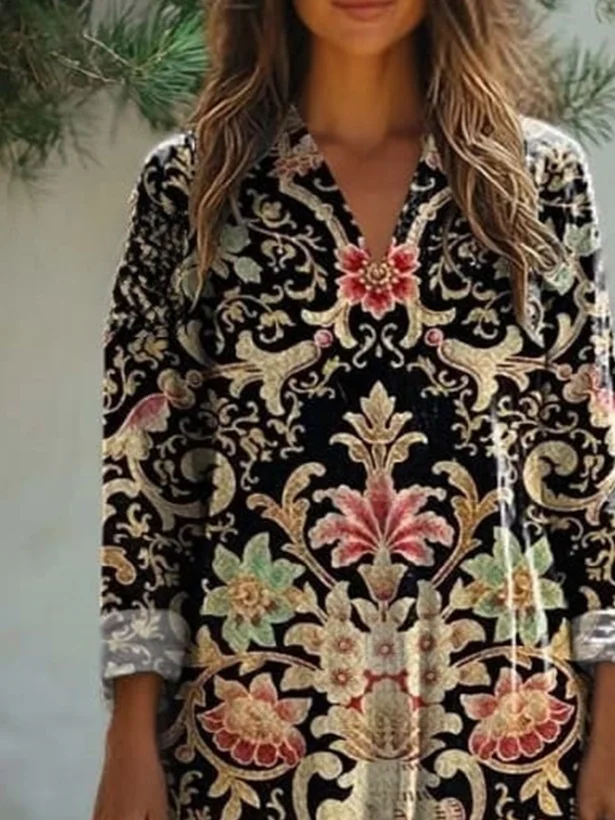 Ethnic Print Long Sleeve V-neck Dress