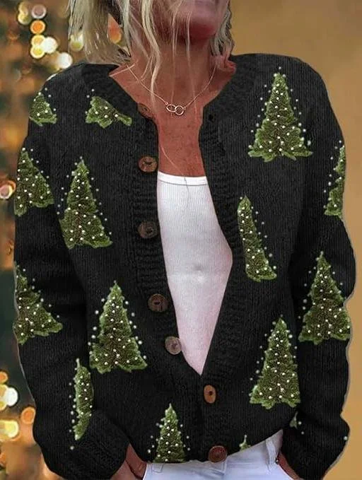 Crew Neck Casual Christmas Cardigan