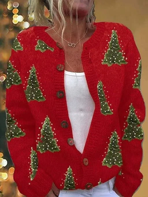 Crew Neck Casual Christmas Cardigan