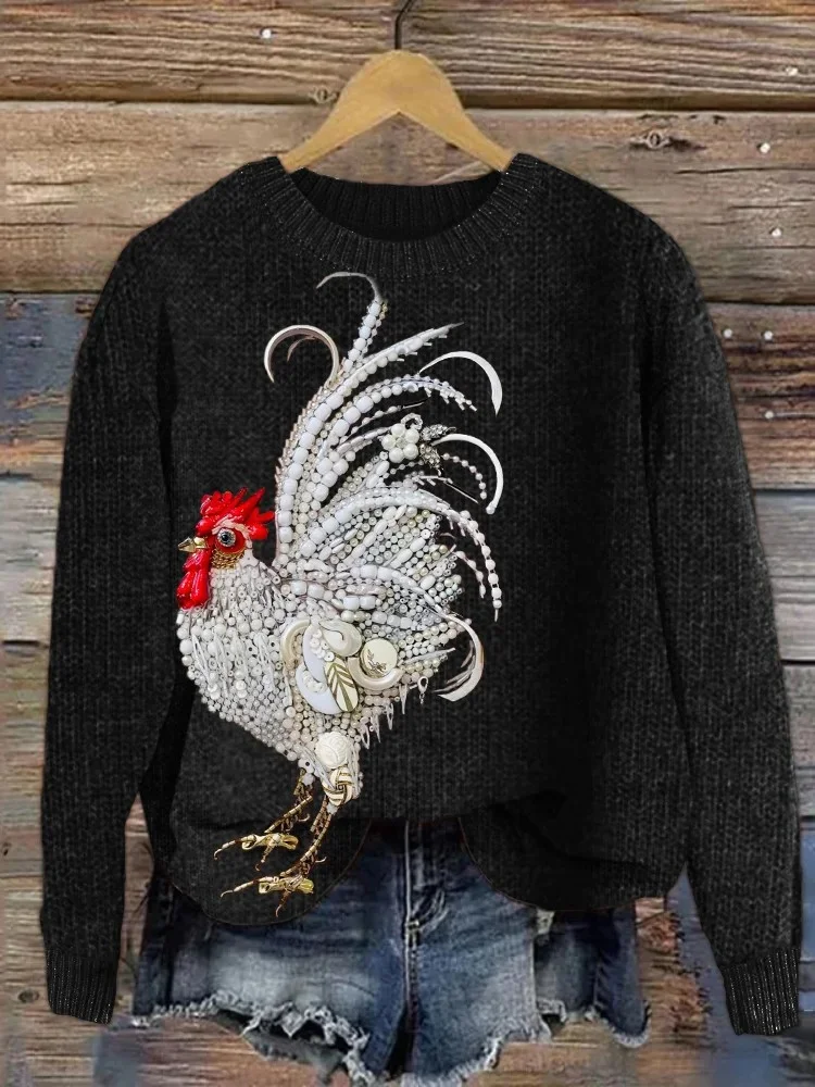 Elegant Rooster Jewelry Art Cozy Knit Sweatshirt