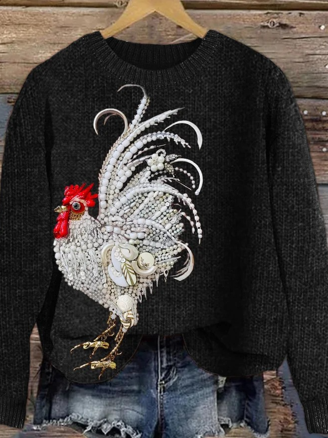 Elegant Rooster Jewelry Art Cozy Knit Sweatshirt