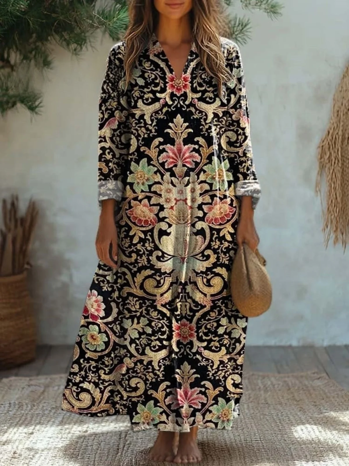 Ethnic Print Long Sleeve V-neck Dress