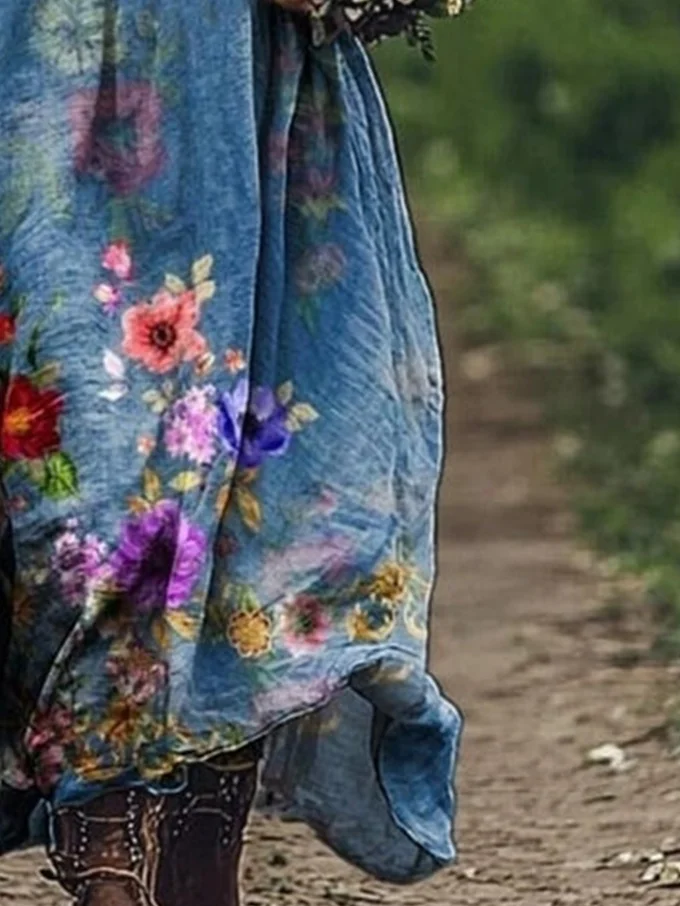 Floral Print Long Sleeve V-neck Dress