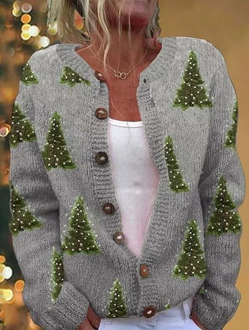 Crew Neck Casual Christmas Cardigan