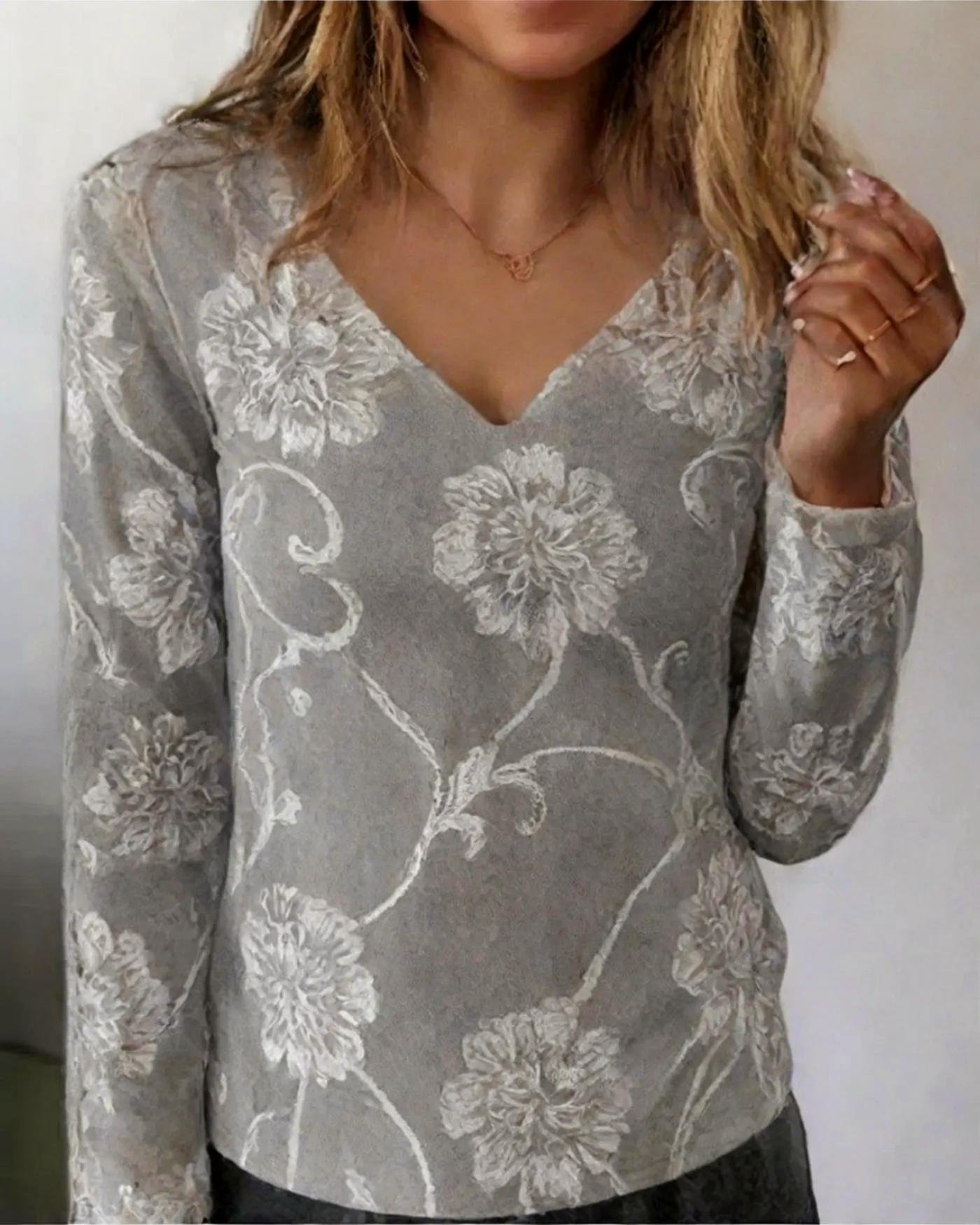 Print Casual V Neck Long Sleeve T-Shirt