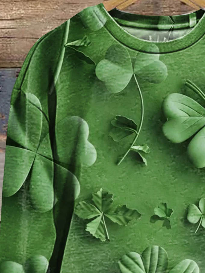 Four Leaf Clover Print Long Sleeve Crew Neck Sweatshirt