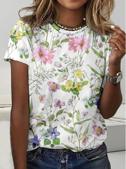 Floral Casual Crew Neck Loose T-Shirt