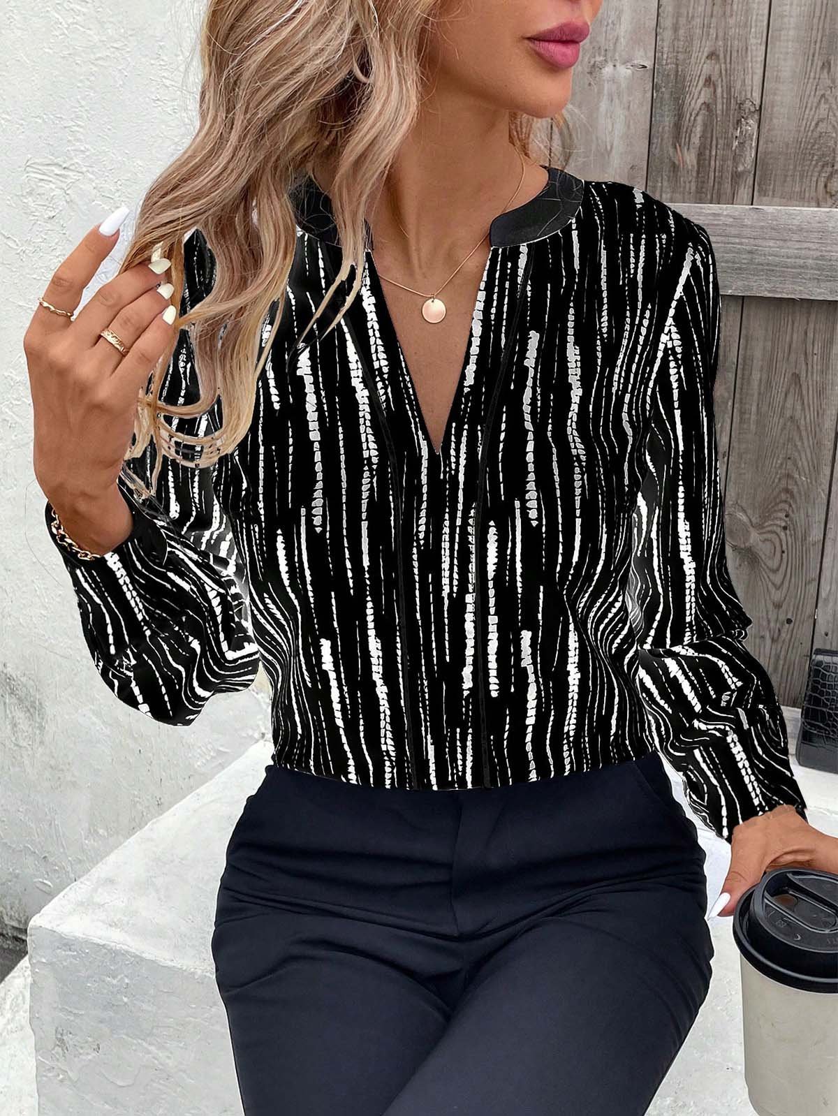 Women's Spring Autumn V-Neck Long Sleeve Tie-Dye Elegant Office Shirt