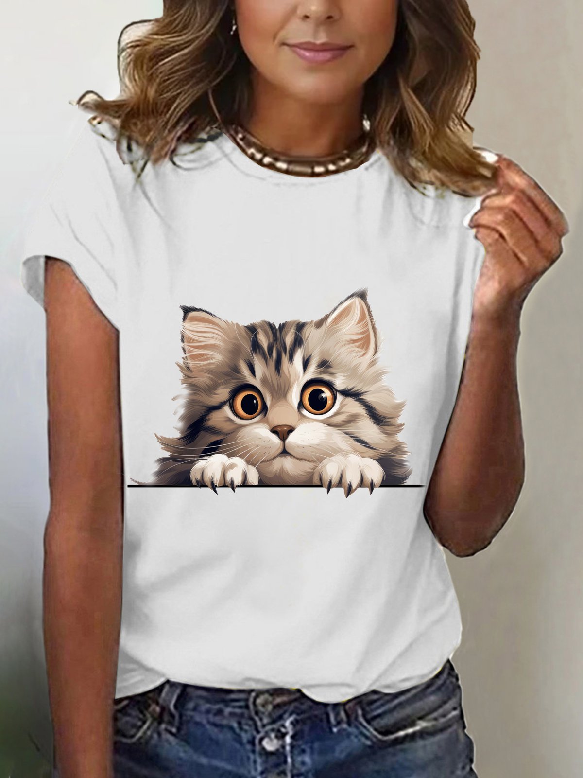 Women's Short Sleeve T-shirt Summer Black Cat Cotton-Blend Crew Neck Daily Going Out Casual Top