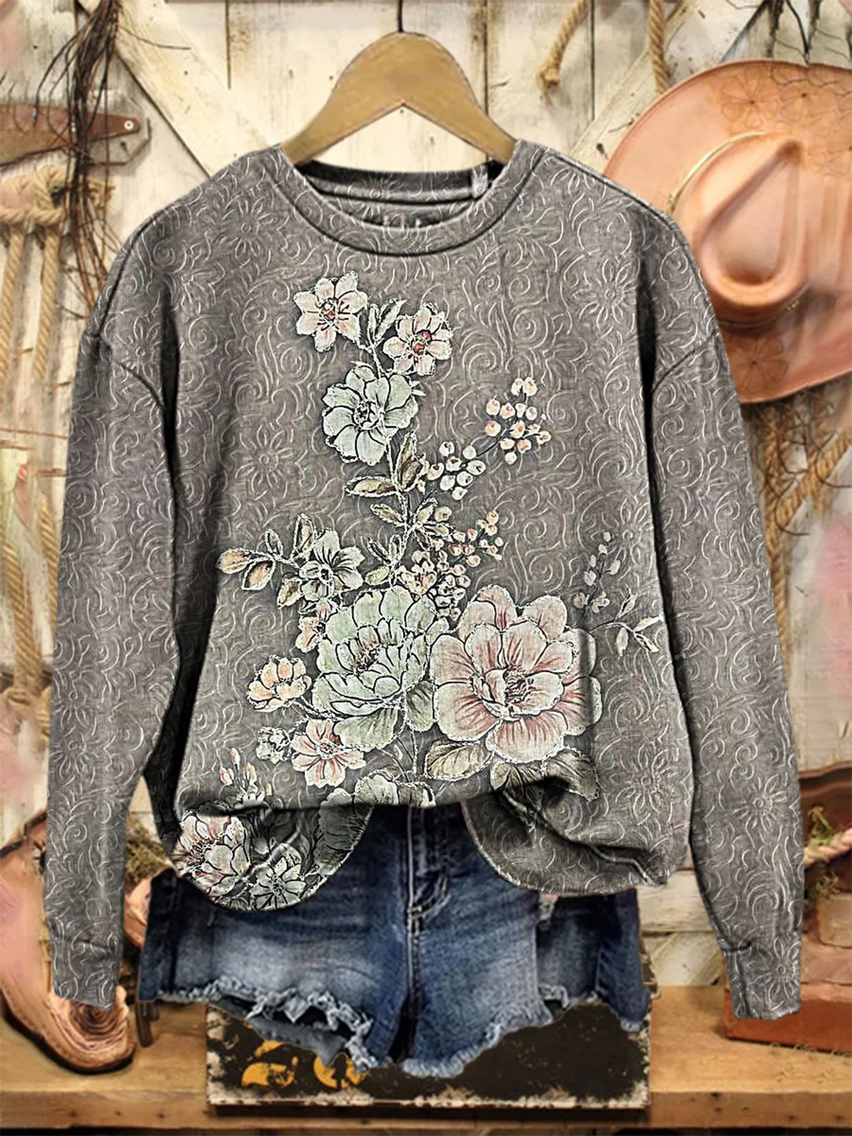 Floral Print Long Sleeve Crew Neck Sweatshirt