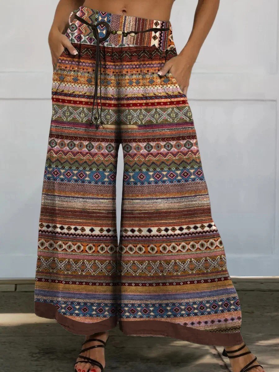 Modern Ethnic Pattern Printed Women's Cotton And Linen Casual Wide-Leg Pants