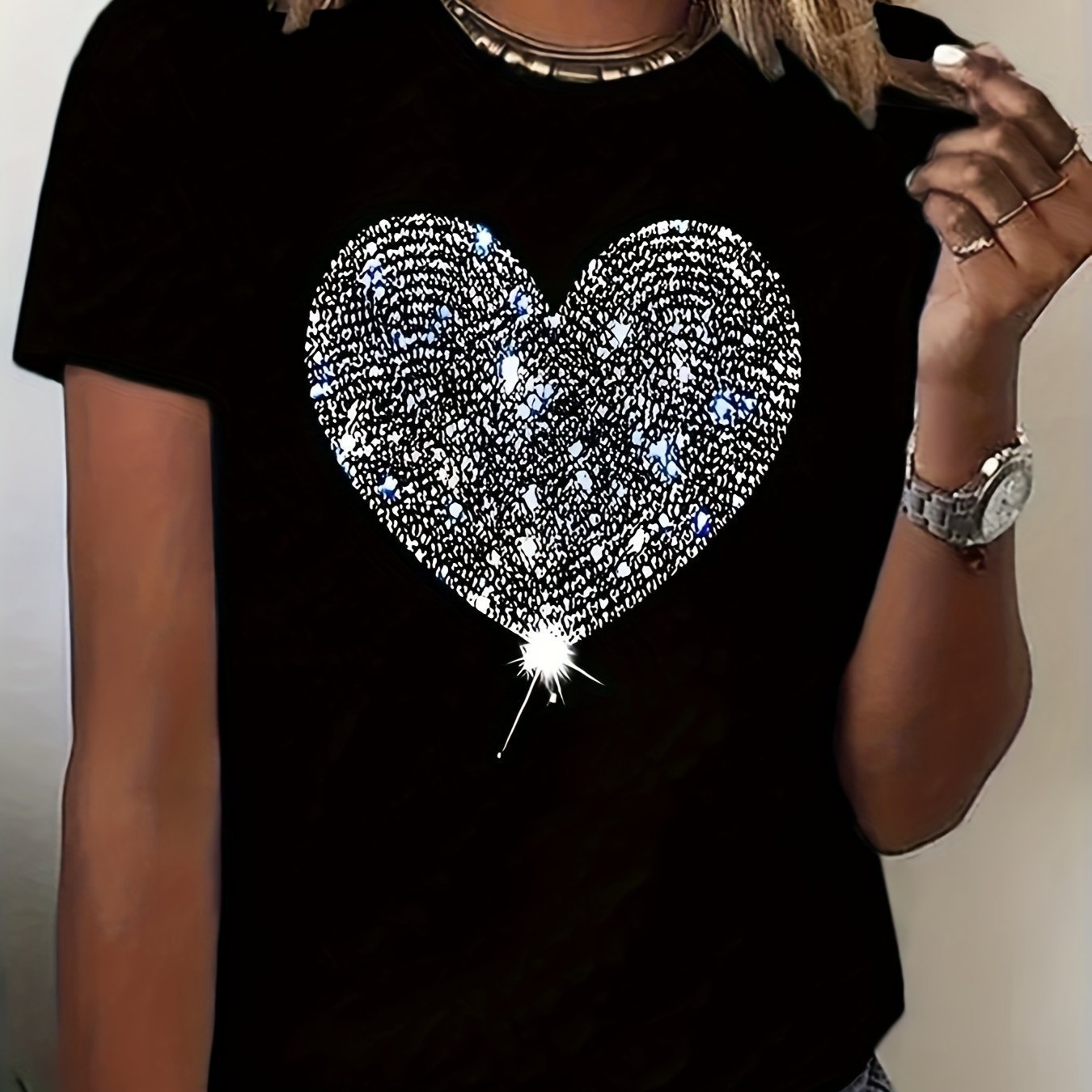 Heart Round Neck Short Sleeve T-Shirt