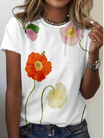 Jersey Crew Neck Casual Floral T-Shirt