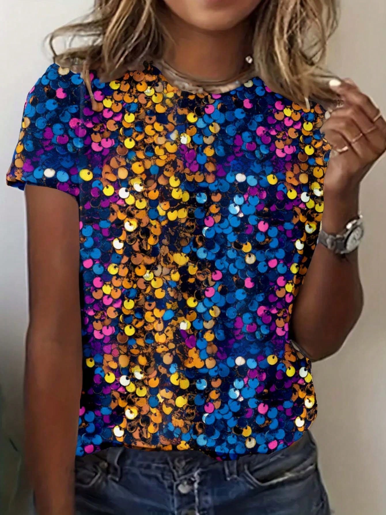 Women's Round Neck Sequin Printed Shirt,