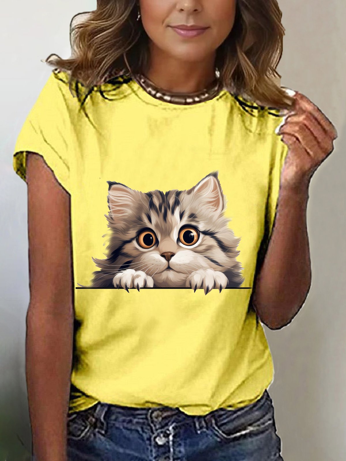 Women's Short Sleeve T-shirt Summer Black Cat Cotton-Blend Crew Neck Daily Going Out Casual Top