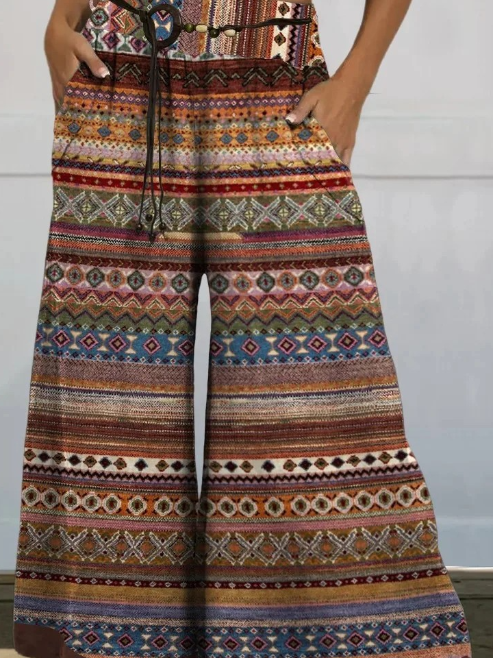 Modern Ethnic Pattern Printed Women's Cotton And Linen Casual Wide-Leg Pants