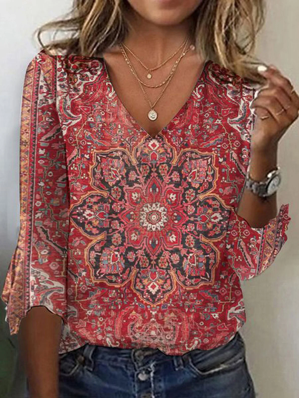 Ethnic Print Long Sleeve V-Neck T-shirt