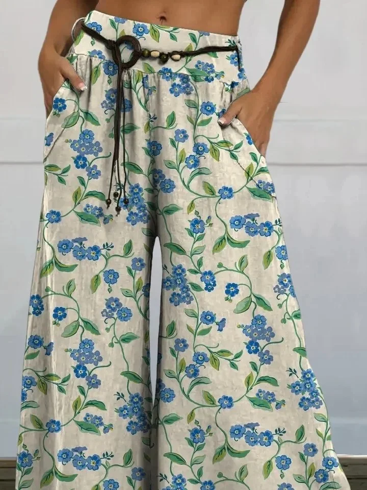 Lovely Spring Floral And Vine Pattern Printed Women's Cotton And Linen Casual Wide-leg Pants