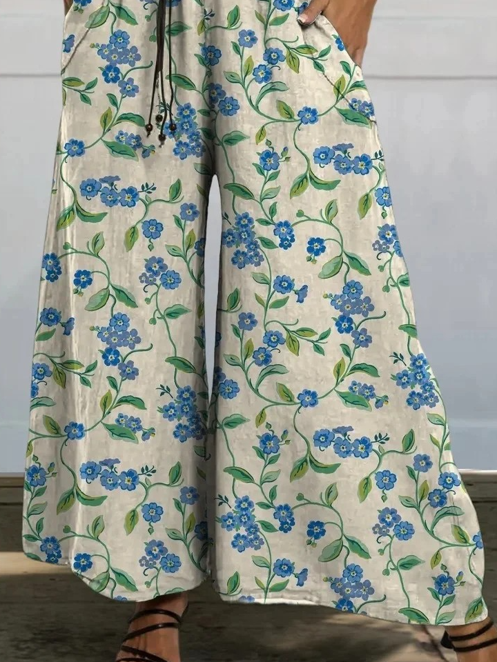 Lovely Spring Floral And Vine Pattern Printed Women's Cotton And Linen Casual Wide-leg Pants