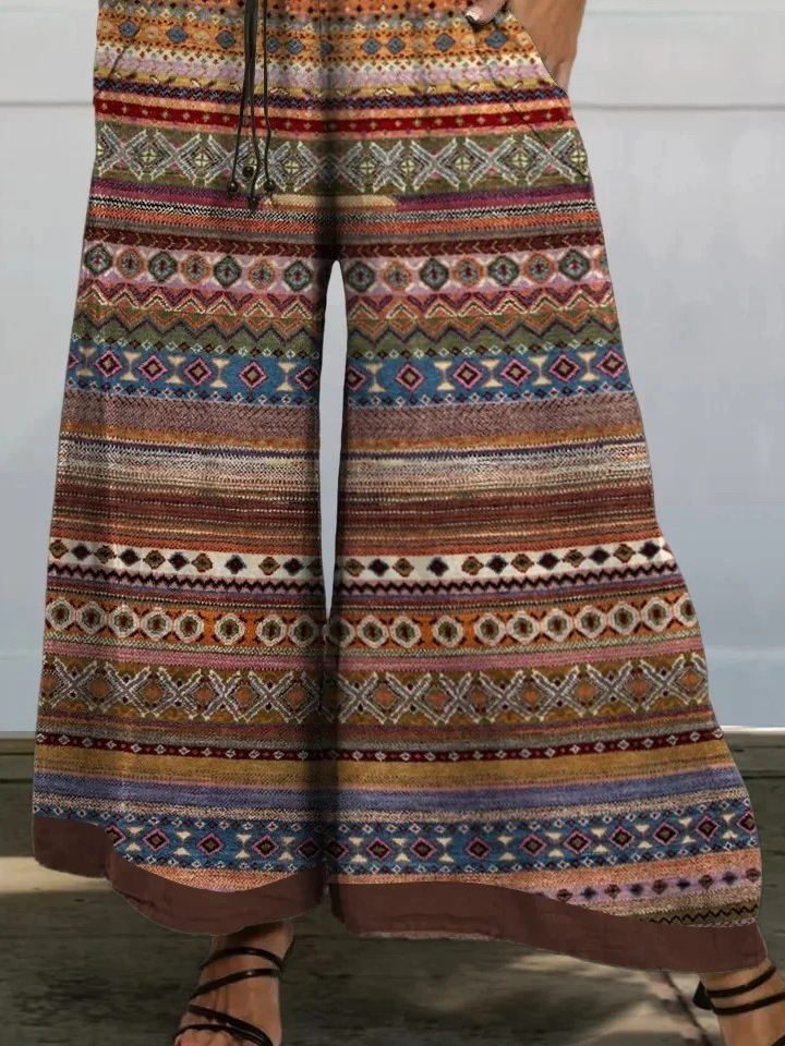 Modern Ethnic Pattern Printed Women's Cotton And Linen Casual Wide-Leg Pants