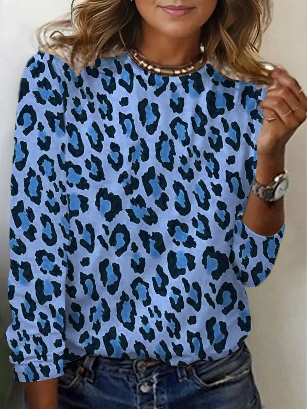 Leopard Print Long Sleeve Crew Neck T-shirt